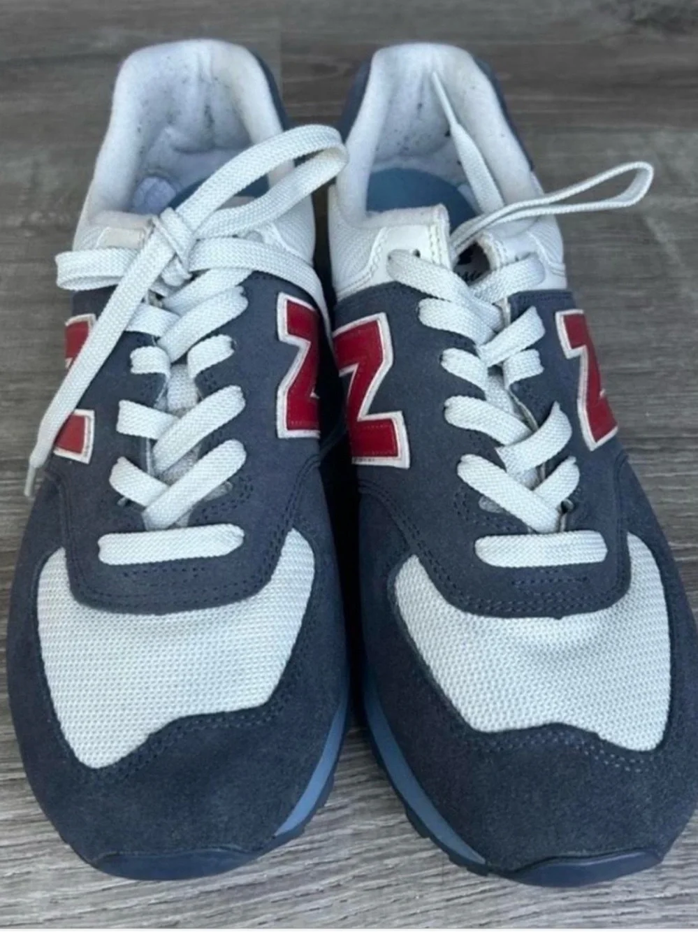 New Balance 574 Men's Gray and Navy Retro Runner with Red Logo